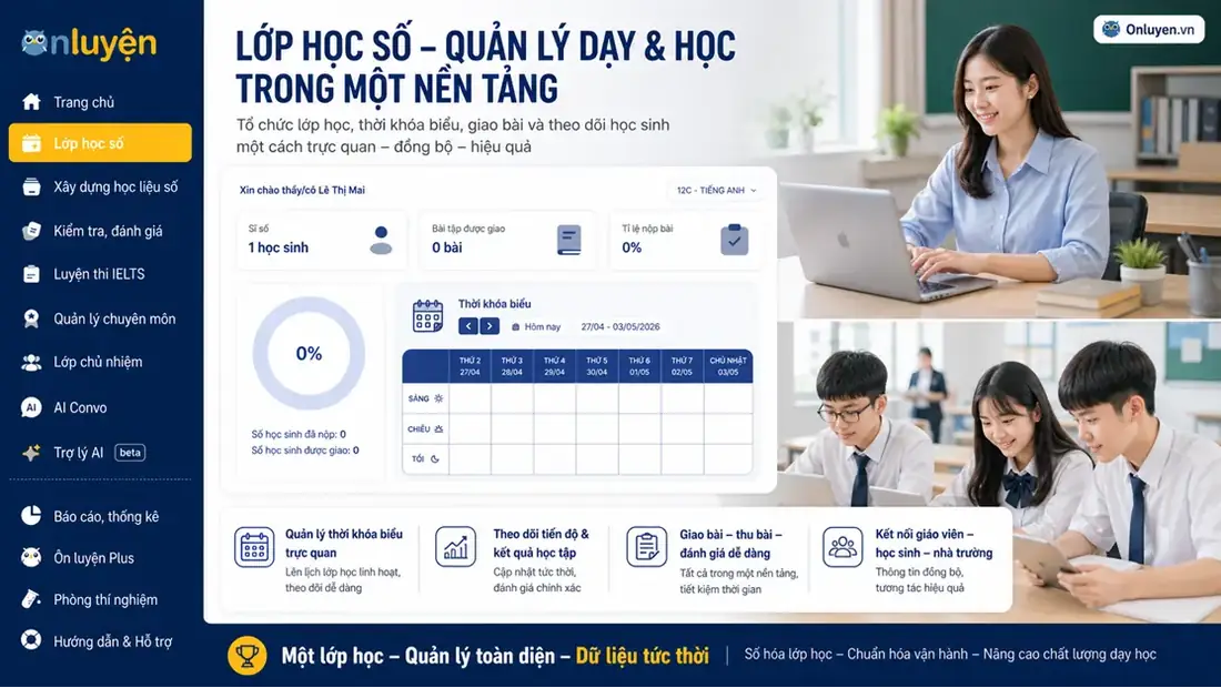 Giao diện học sinh tự học trên Ôn Luyện với bài giảng, bài luyện, bài kiểm tra